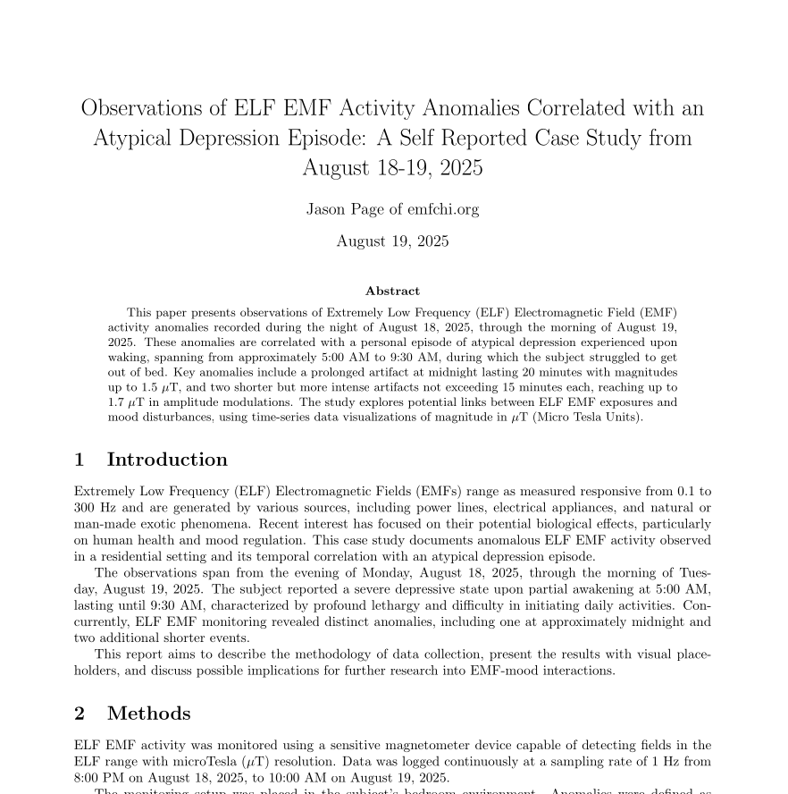 Observations of ELF EMF Activity Anomalies Correlated with an Atypical Depression Episode