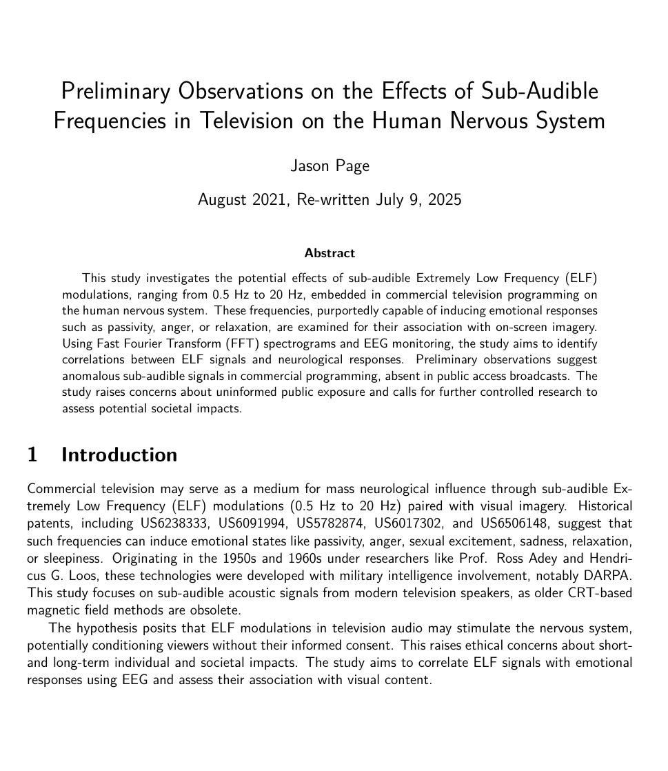Preliminary Observations on the Effects of Sub-Audible Frequencies in Television on the Human Nervous System
